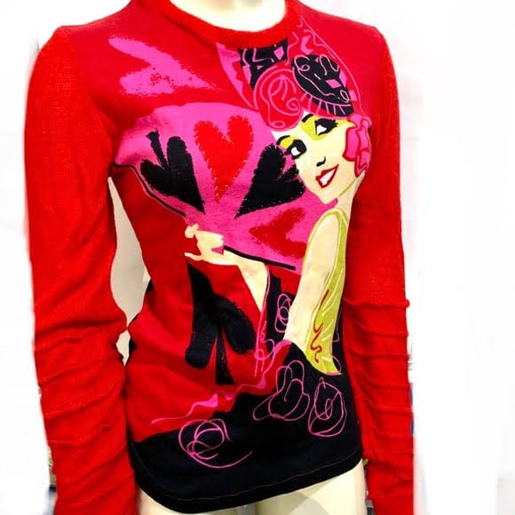 Red Sweater PARAMITA Hearts Spades Sz Large
