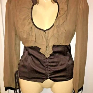 mustard and brown satin ruffle top