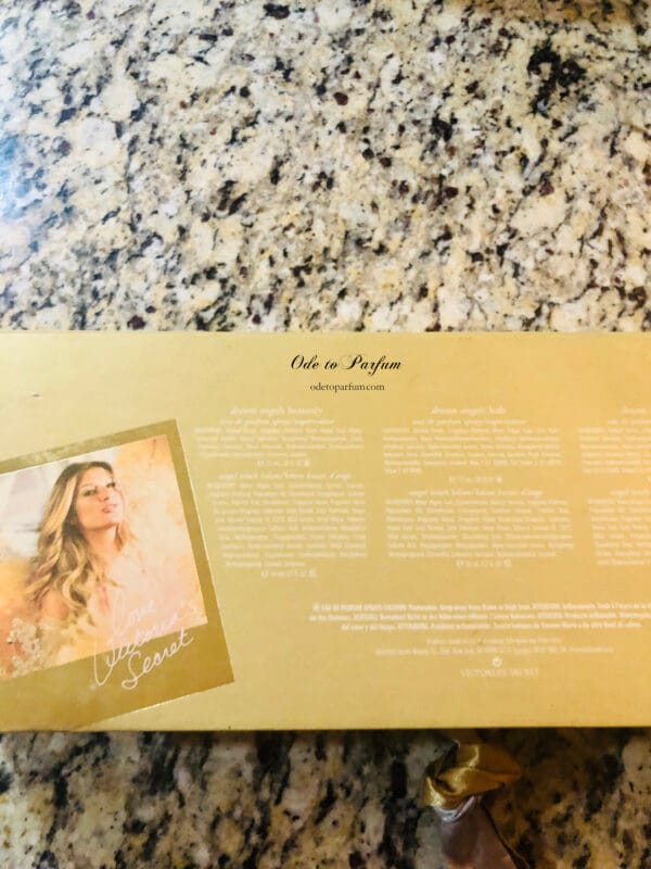 Dream Angels Victoria's Secret 8 piece gift set back of box, Gisele Bundchen