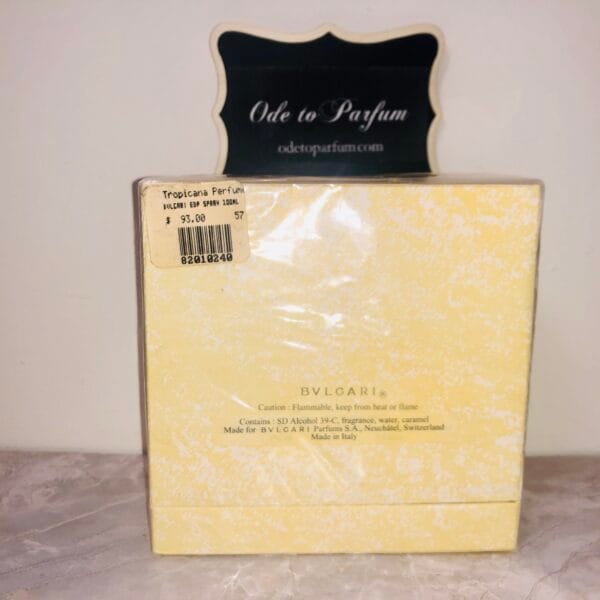 bvlgari pour femme eau de parfum 3.4 fl oz new in sealed box, back of yellow box