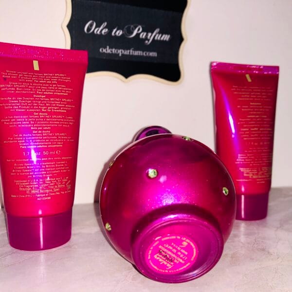 britney spears fantasy bundle: 1.7 fl oz eau de parfum spray, body souffle, and shower gel, bottom label and backs of gel + lotion pictured