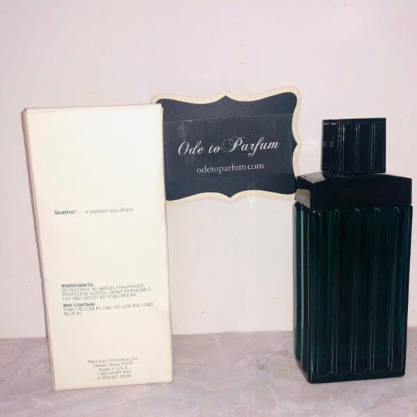 mary kay quattro cologne pictured next to box back of bottle and box