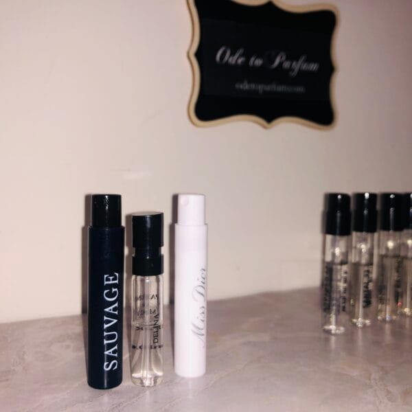 dior sauvage, miss dior, pdm delina sample vials
